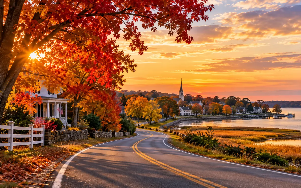 Illustrative autumn riverside roadway, warm-colored trees and a small historic town; not a photograph of a specific Route 17 location.