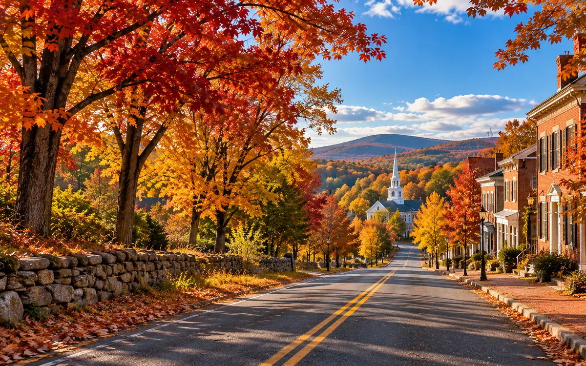 Illustration of a fall-colored road entering a historic small town near wooded hills; not a verified photograph of Winchester or Fredericksburg.