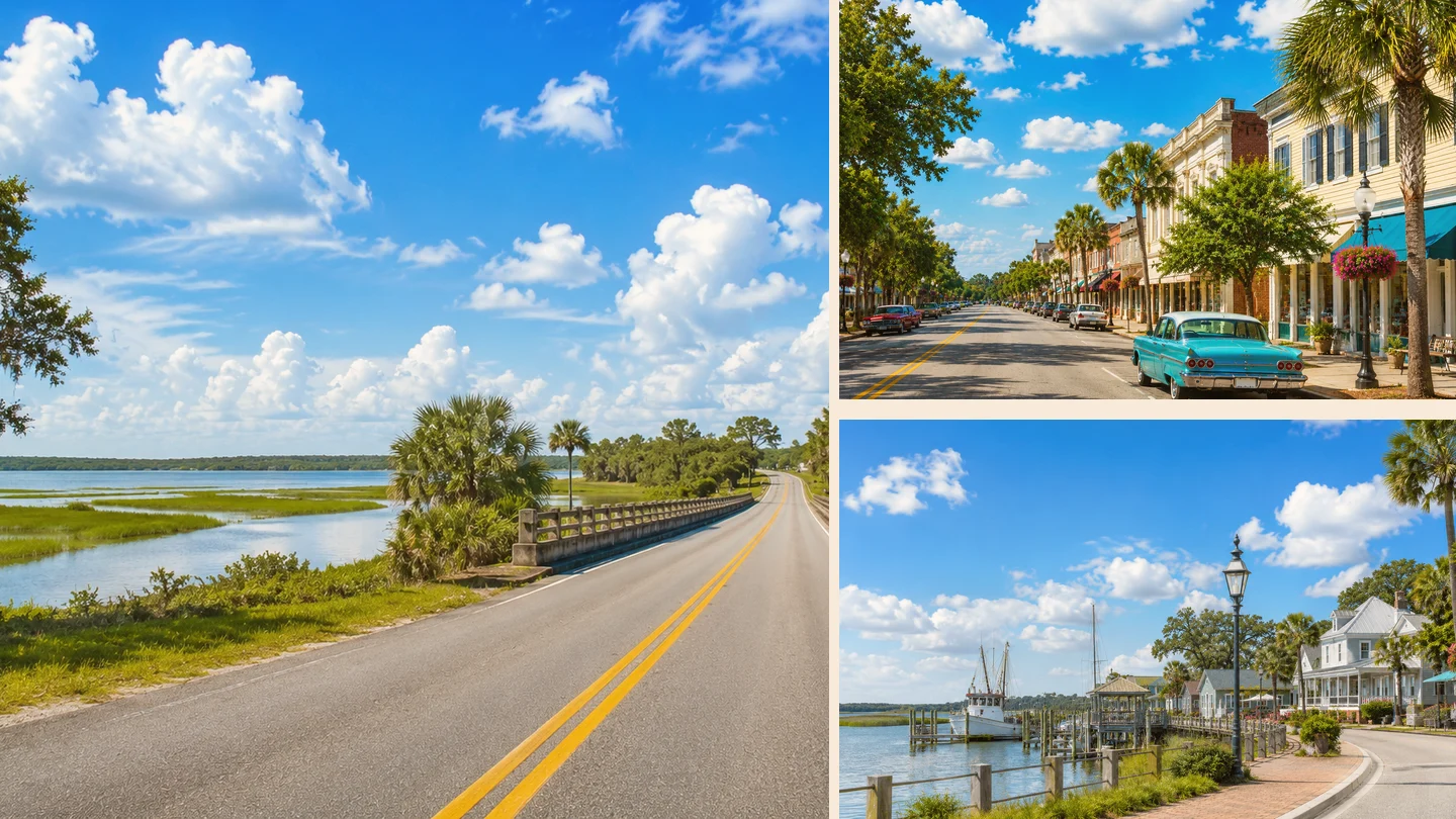 A late-summer Route 17 montage with a coastal road, historic streets, and a waterfront stop.