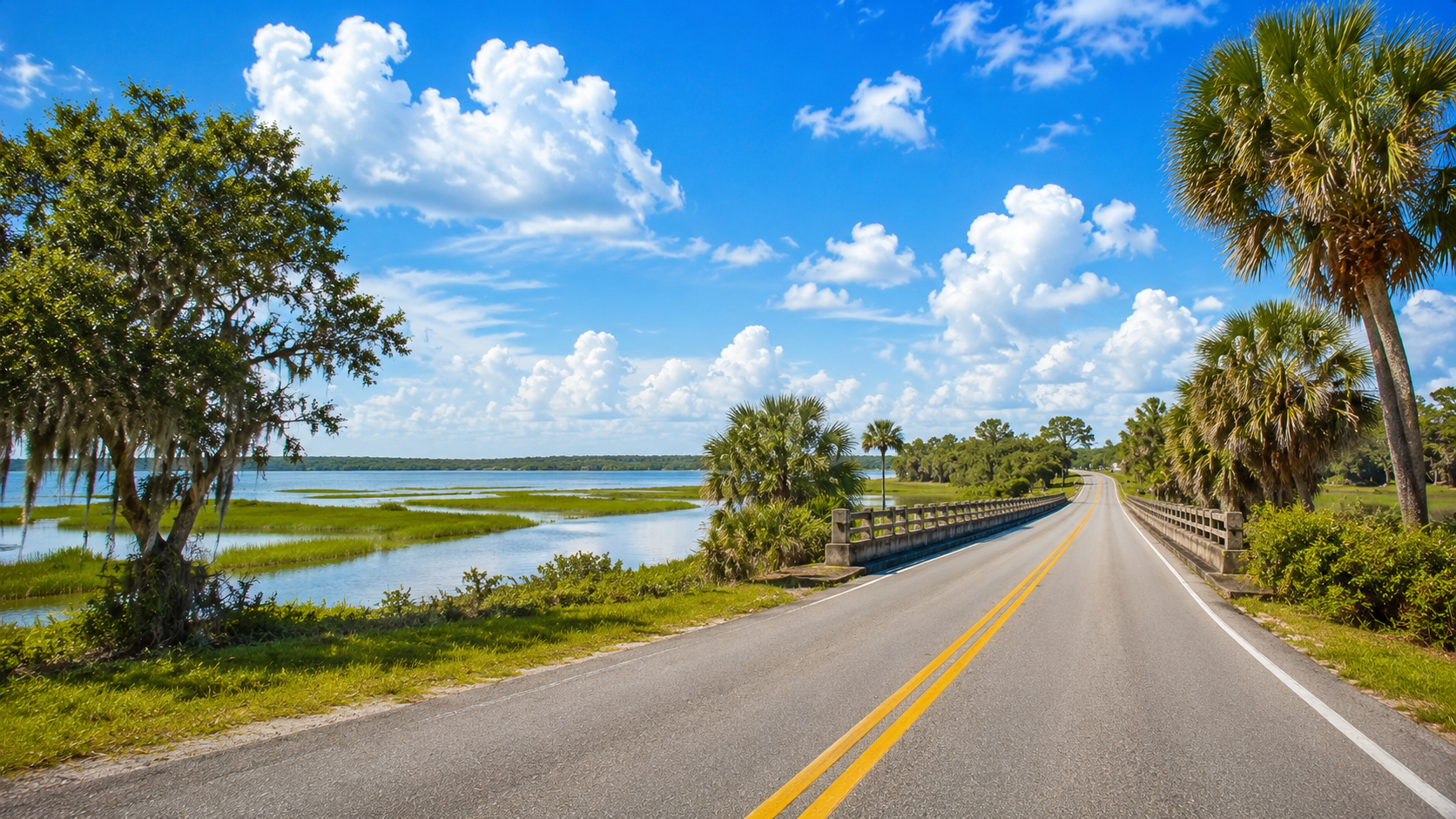 Sunny Route 17 road through a coastal marsh landscape.