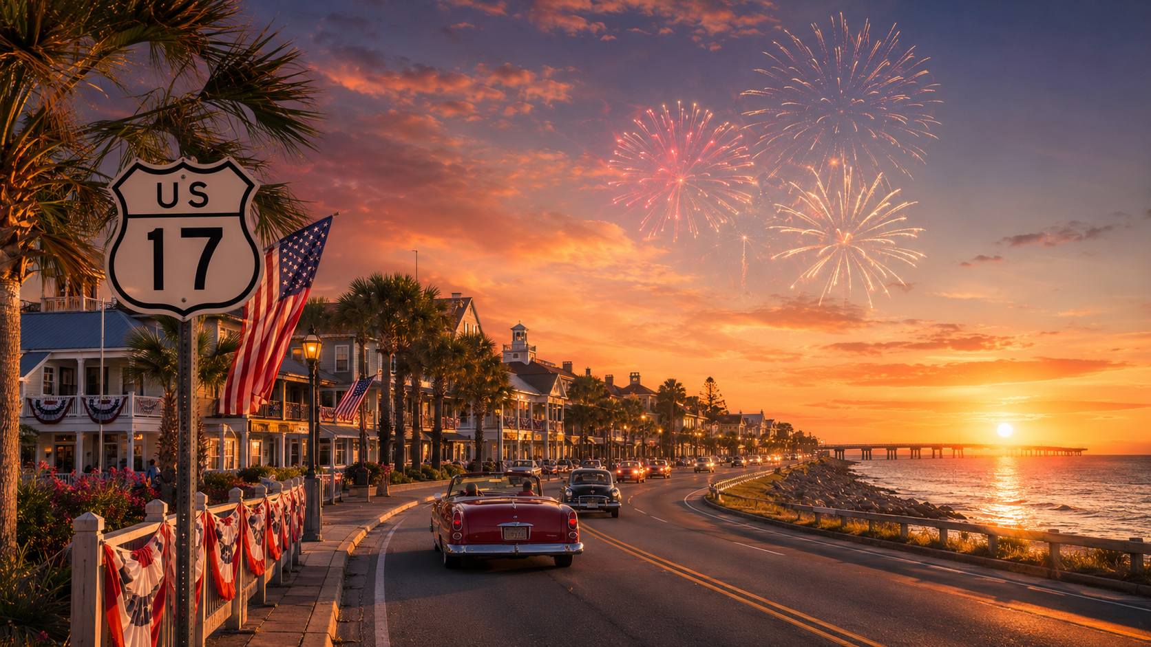 Route 17 July 4 sunset with fireworks over a coastal road.