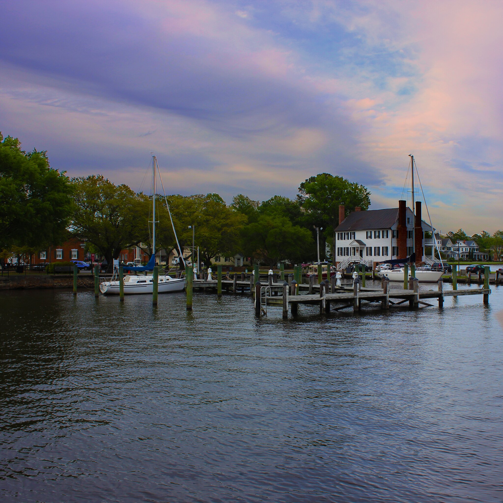 Edenton waterfront and Penelope Barker House in Edenton, North Carolina.