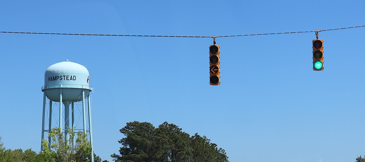 Hampstead water tower seen from US 17 and NC 210 in Pender County, North Carolina.