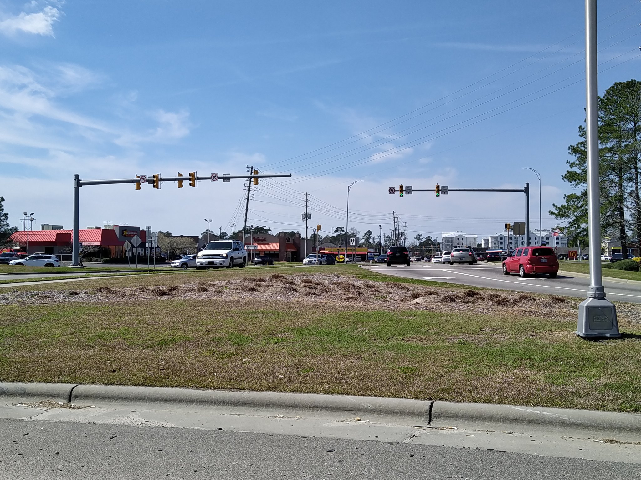 Village Road viewed from the U.S. 17, 74, and 76 off-ramp in Leland, North Carolina.