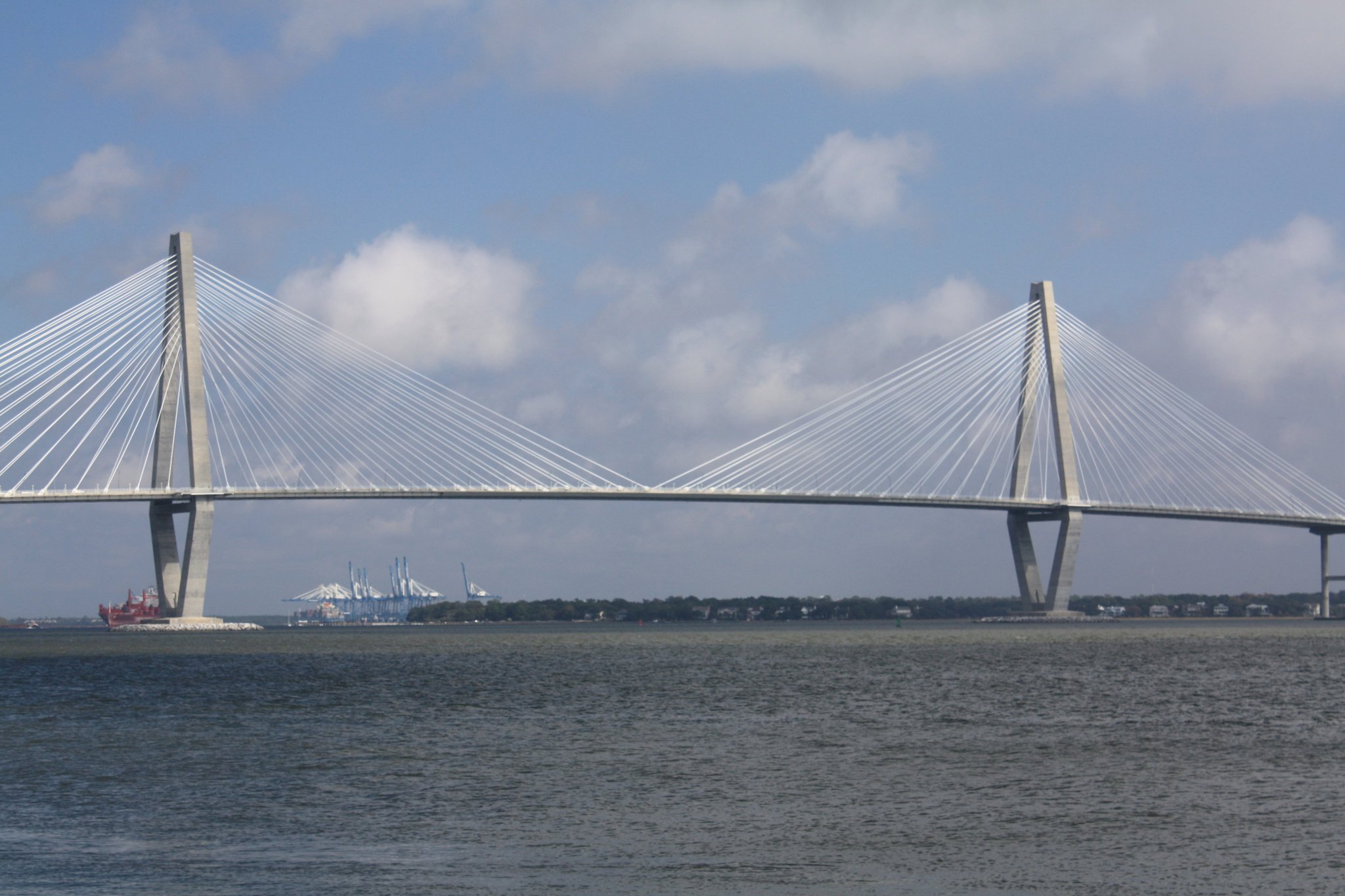 Arthur Ravenel Jr. Bridge and Charleston Harbor from Mount Pleasant, South Carolina.