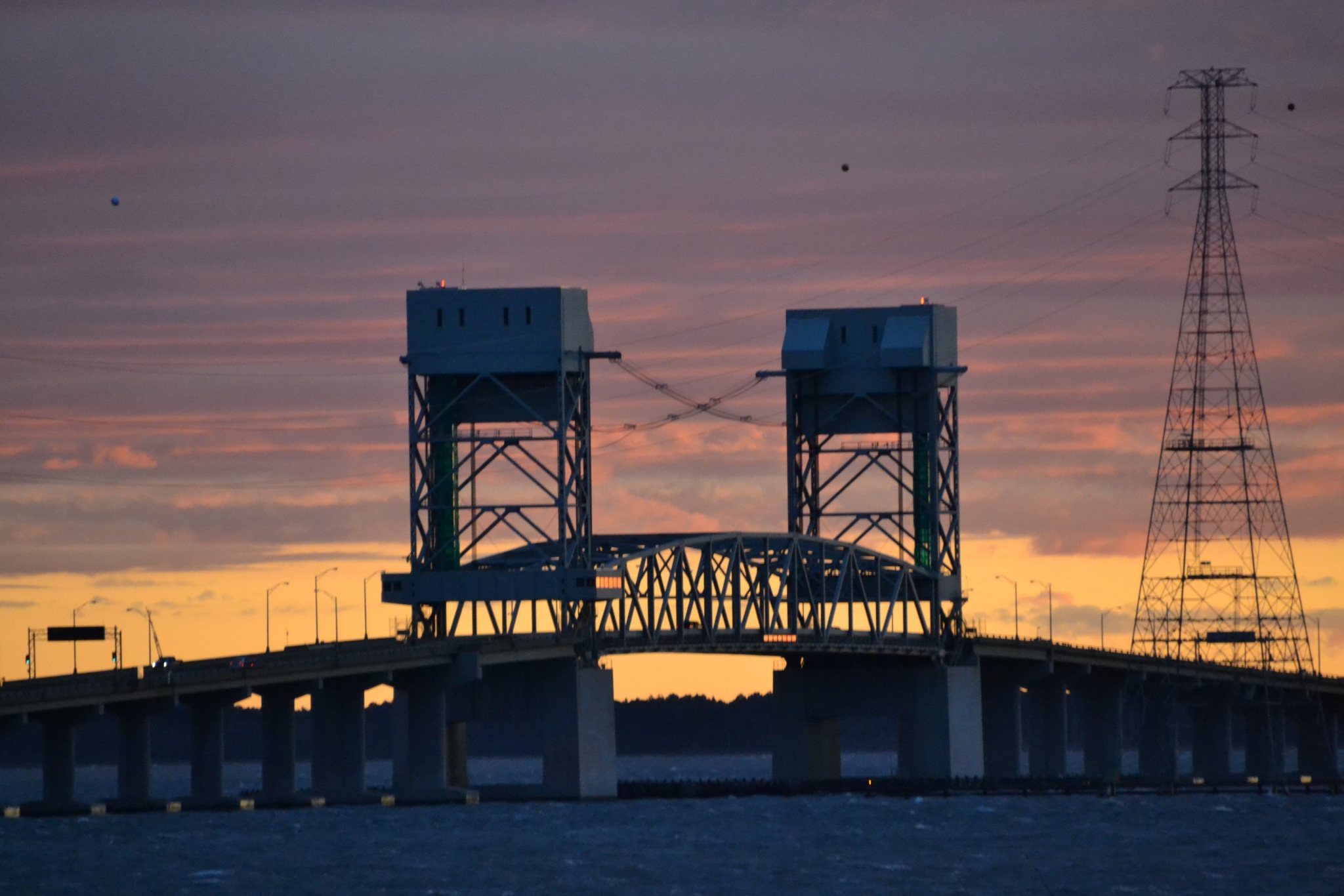James River Bridge at sunset near Newport News, Virginia.