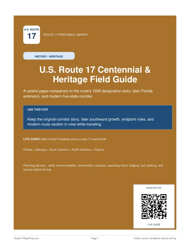 Cover preview for U.S. Route 17 Centennial Heritage Field Guide.
